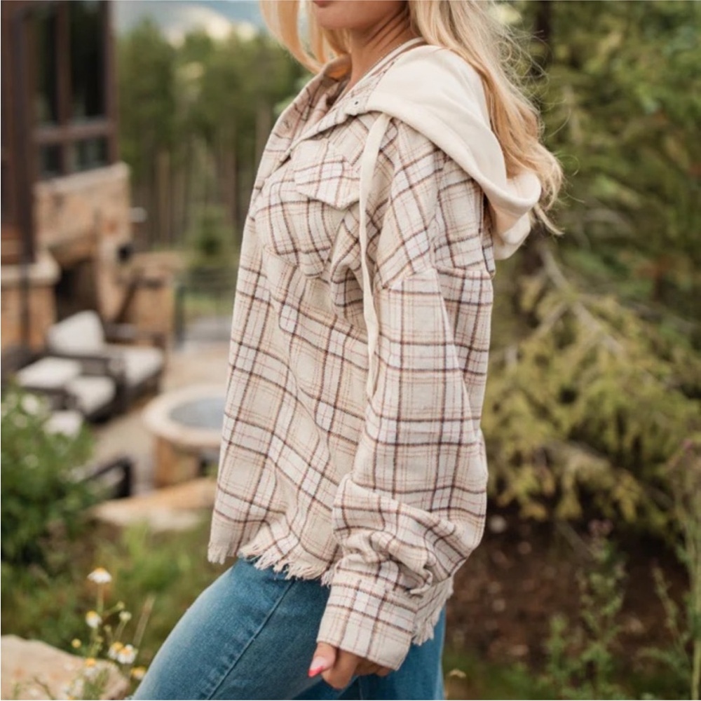 STAY FOR AWHILE BEIGE SHERPA HOODED PLAID SHACKET